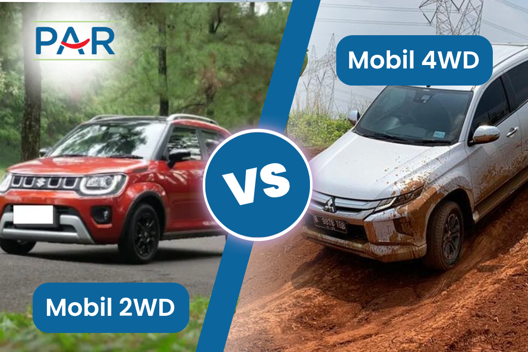 Ilustrasi perbedaan mobil 4WD dan 2WD dengan diagram sistem penggerak roda
